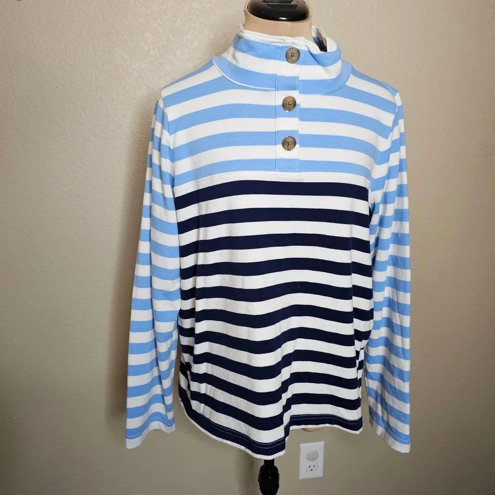 J.Crew Striped Mock Neck Pullover Henley Top Blue Navy Ivory White‎ Large